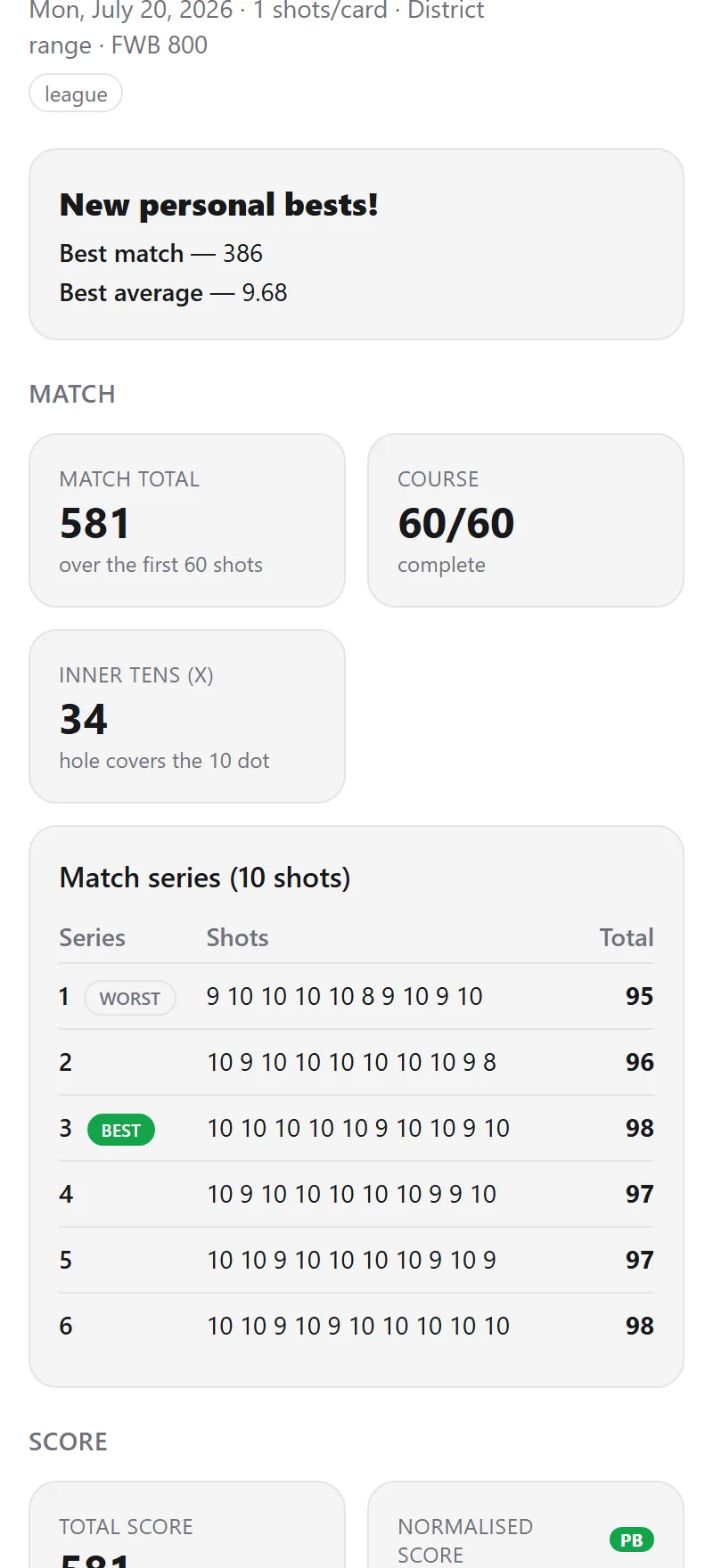 Match report with match total, course progress and series table
